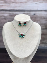 Load image into Gallery viewer, HANDMADE STERLING SILVER KINGMAN TURQUOISE WITH DAHLIA ROSE NECKLACE EARRINGS SET WITH SIGNED NIZHONI