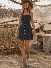 Load image into Gallery viewer, Women’s Sleeveless Button Up Self Tie Pockets Denim Washed Mini Dress