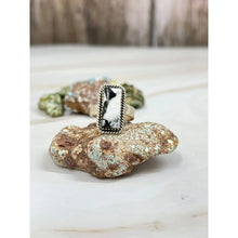 Load image into Gallery viewer, Handmade Sterling Silver White Buffalo Turquoise Adjustable Ring with Signed