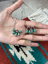 Load image into Gallery viewer, HANDMADE STERLING SILVER KINGMAN TURQUOISE WITH DAHLIA ROSE NECKLACE EARRINGS SET WITH SIGNED NIZHONI