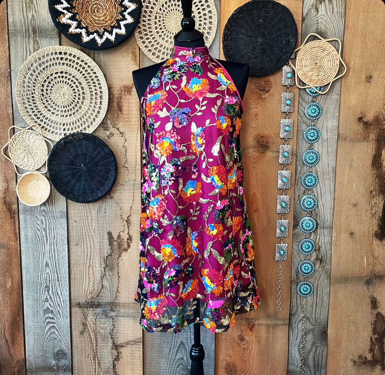 Sequin Floral Embroidered Halter Mini Dress Medium Sequin Floral Embroidered Halter Mini Dress Medium