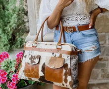 Load image into Gallery viewer, Weekender Duffle Leather Hair On Cowhide Duffel Travel Bag