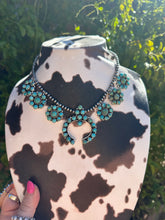 Load image into Gallery viewer, TURQUOISE BOMBSHELL HANDMADE STERLING SILVER & TURQUOISE SQUASH BLOSSOM NECKLACE SIGNED