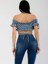 Load image into Gallery viewer, Off Shoulder Stretched Denim Crop Top