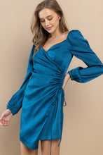 Load image into Gallery viewer, Teal Satin Wrap Mini Dress