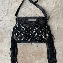 Load image into Gallery viewer, The Maggie - Black + Gold Specs Cowhide