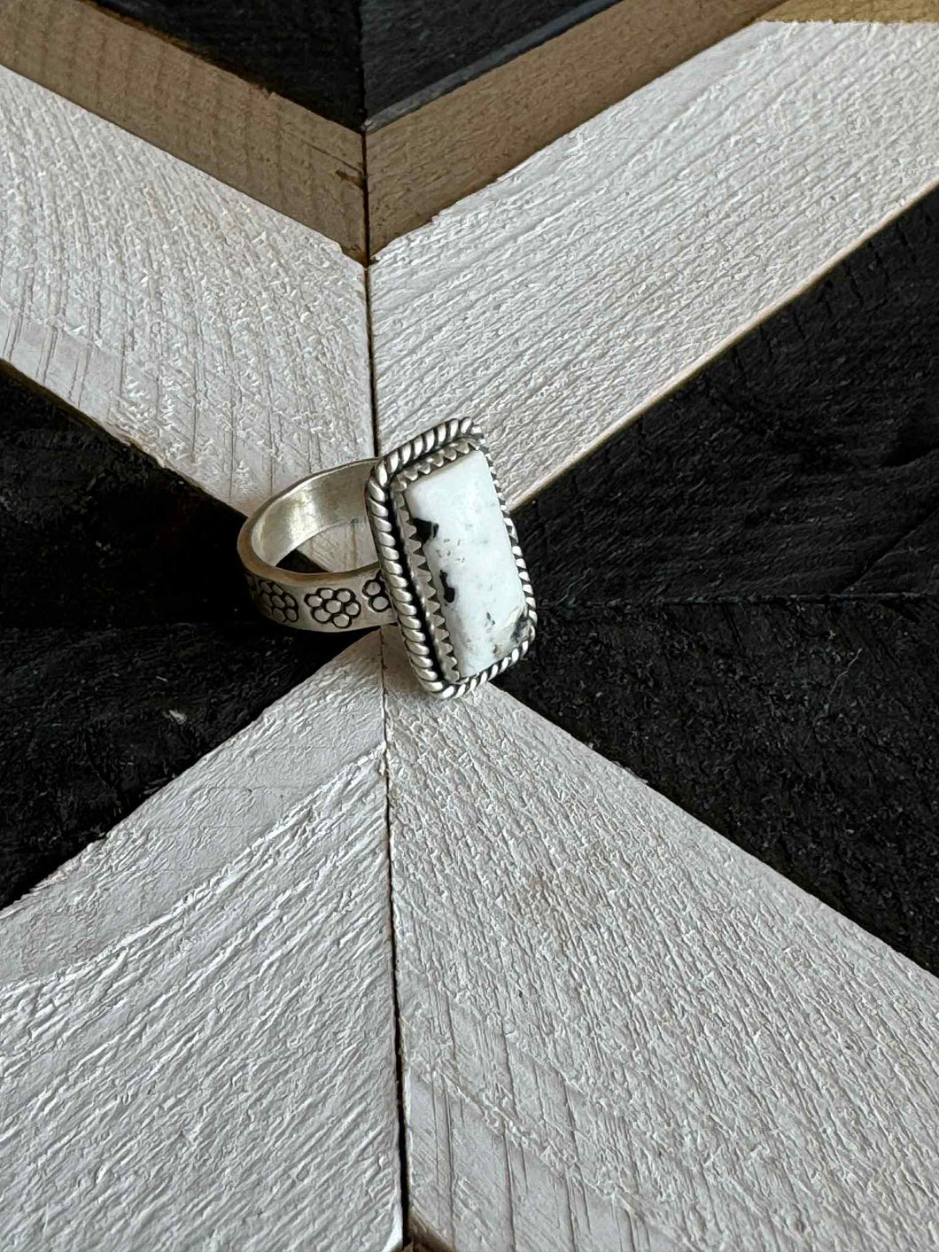 Handmade Sterling Silver White Buffalo Turquoise Adjustable Ring with Signed