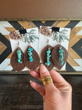Load image into Gallery viewer, Tooled Genuine Leather And Turquoise Earrings
