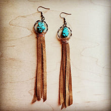 Load image into Gallery viewer, Turquoise drop earrings w/ suede leather tassel
