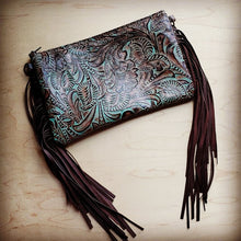 Load image into Gallery viewer, Embossed Turquoise Brown Floral Leather Clutch
