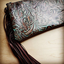 Load image into Gallery viewer, Embossed Turquoise Brown Floral Leather Clutch
