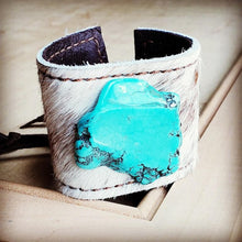 Load image into Gallery viewer, Leather Cuff -Spotted Hair Hide w/ Turquoise Slab
