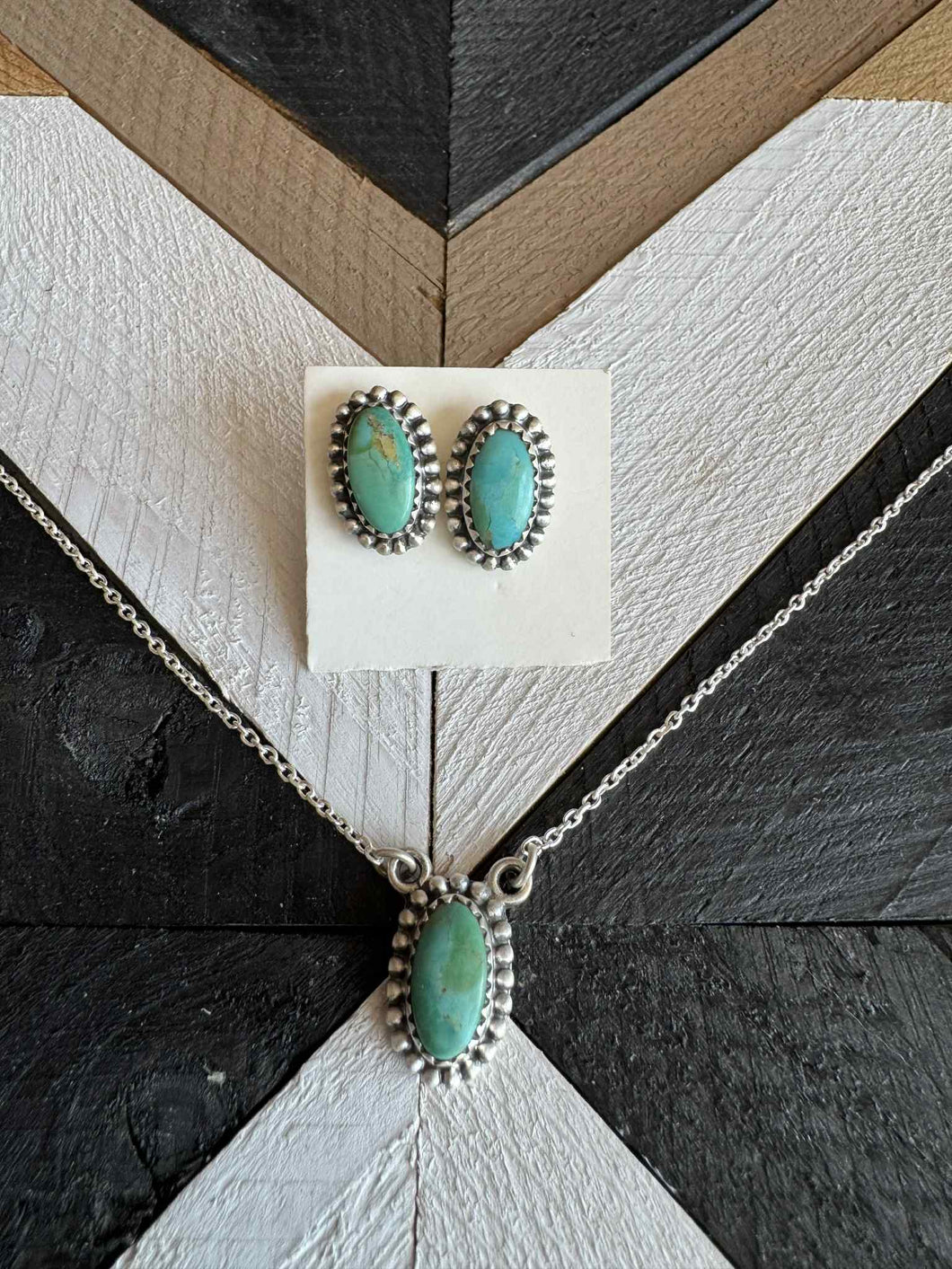 Handmade Sterling Silver Kingman Turquoise Necklace Earrings Set with Signed