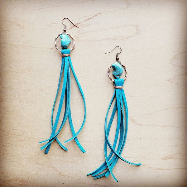 Turq Earrings w/ Dark Turquoise Leather Tassel