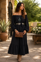 Load image into Gallery viewer, Midnight Mesa Off Shoulder Maxi Dress
