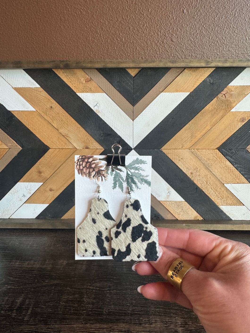 Cow Tag Genuine Leather Earrings