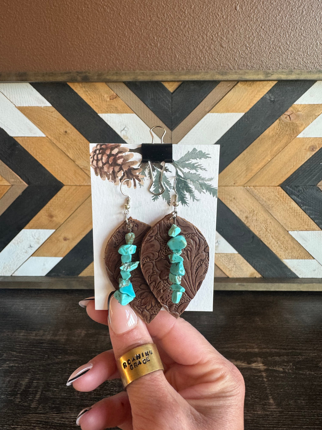 Tooled Genuine Leather And Turquoise Earrings