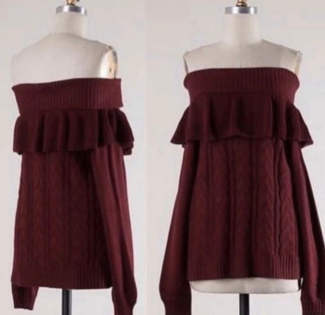 Burgundy Knit Off The Shoulder Sweater