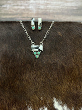 Load image into Gallery viewer, HANDMADE STERLING SILVER KINGMAN TURQUOISE WITH WHITE BUFFALO NECKLACE &amp; EARRINGS SET SIGNED
