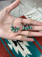 Load image into Gallery viewer, HANDMADE STERLING SILVER KINGMAN TURQUOISE WITH DAHLIA ROSE NECKLACE EARRINGS SET WITH SIGNED NIZHONI
