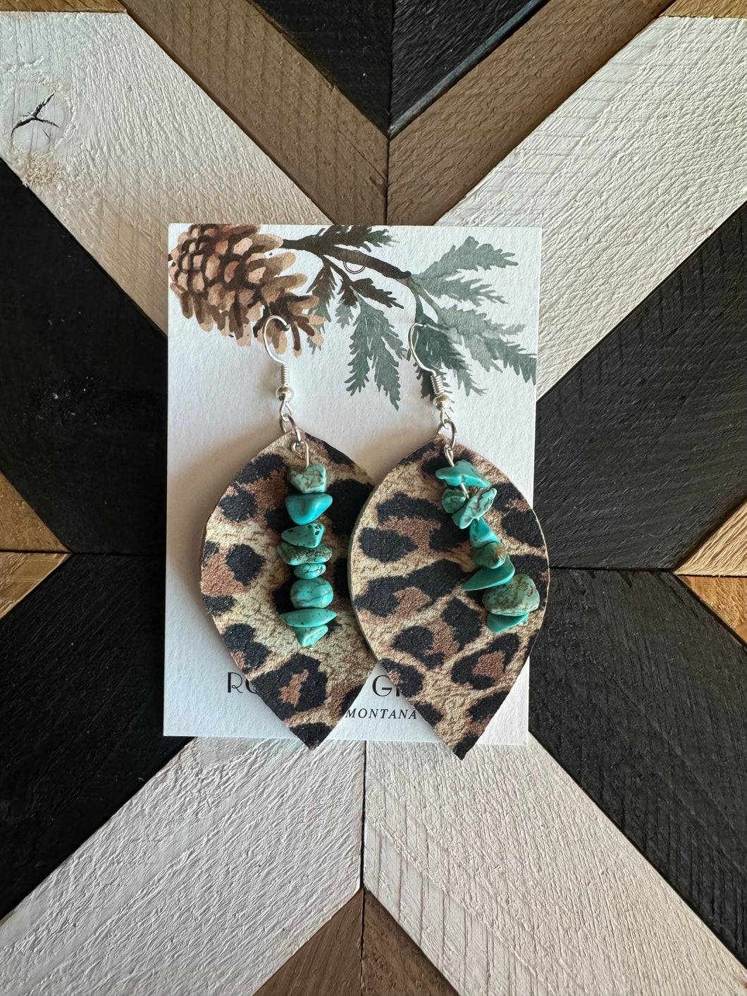 Genuine Leather Leopard And Turquoise Earrings 4