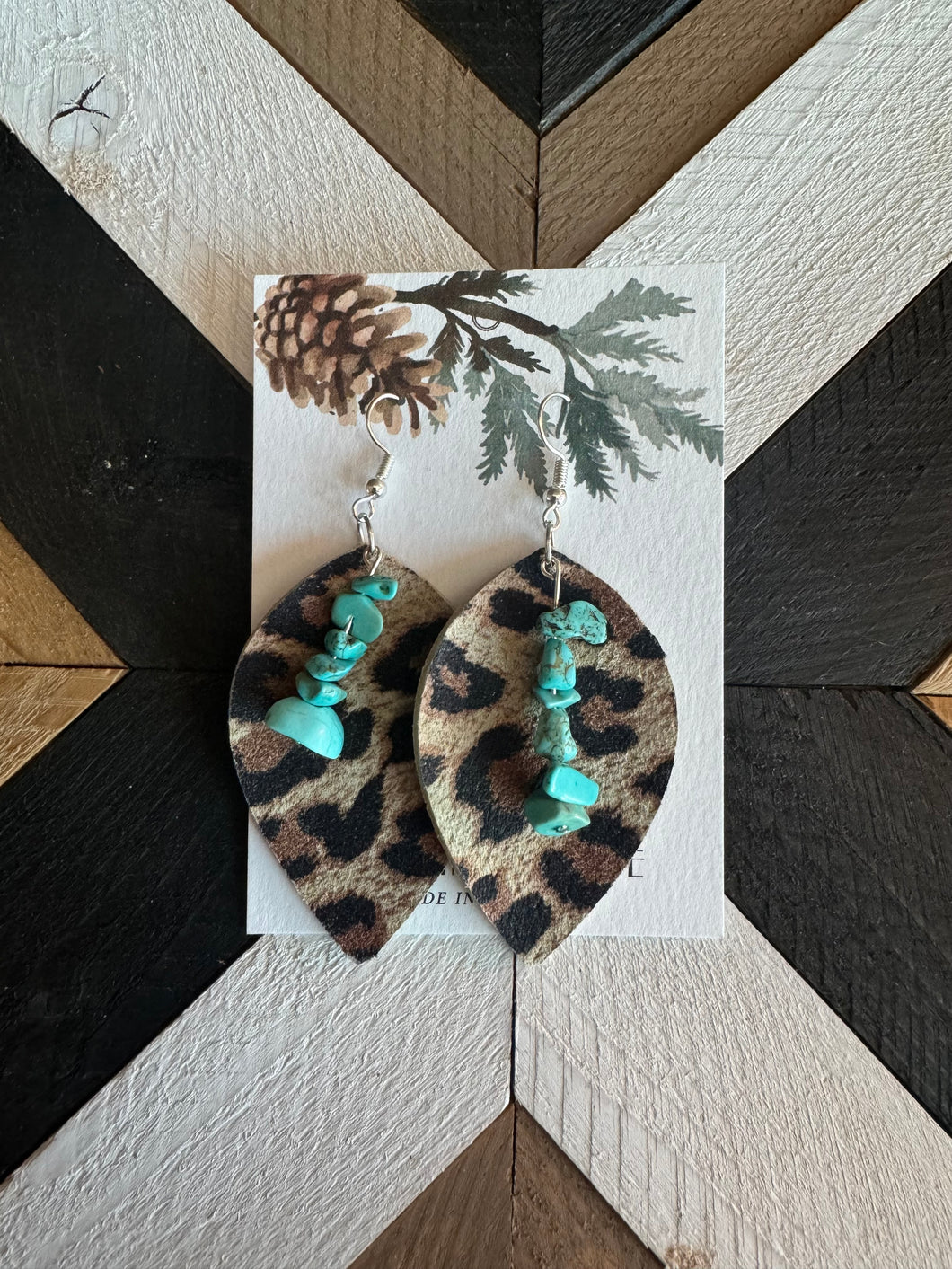 Genuine Leather Leopard And Turquoise Earrings 3