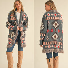 Load image into Gallery viewer, Aztec Printed Fringed Open Front Long Cardigan
