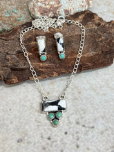 Load image into Gallery viewer, HANDMADE STERLING SILVER KINGMAN TURQUOISE WITH WHITE BUFFALO NECKLACE &amp; EARRINGS SET SIGNED
