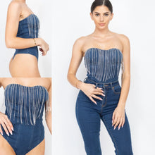 Load image into Gallery viewer, Denim Rhinestone Fringe Strapless Bodysuit
