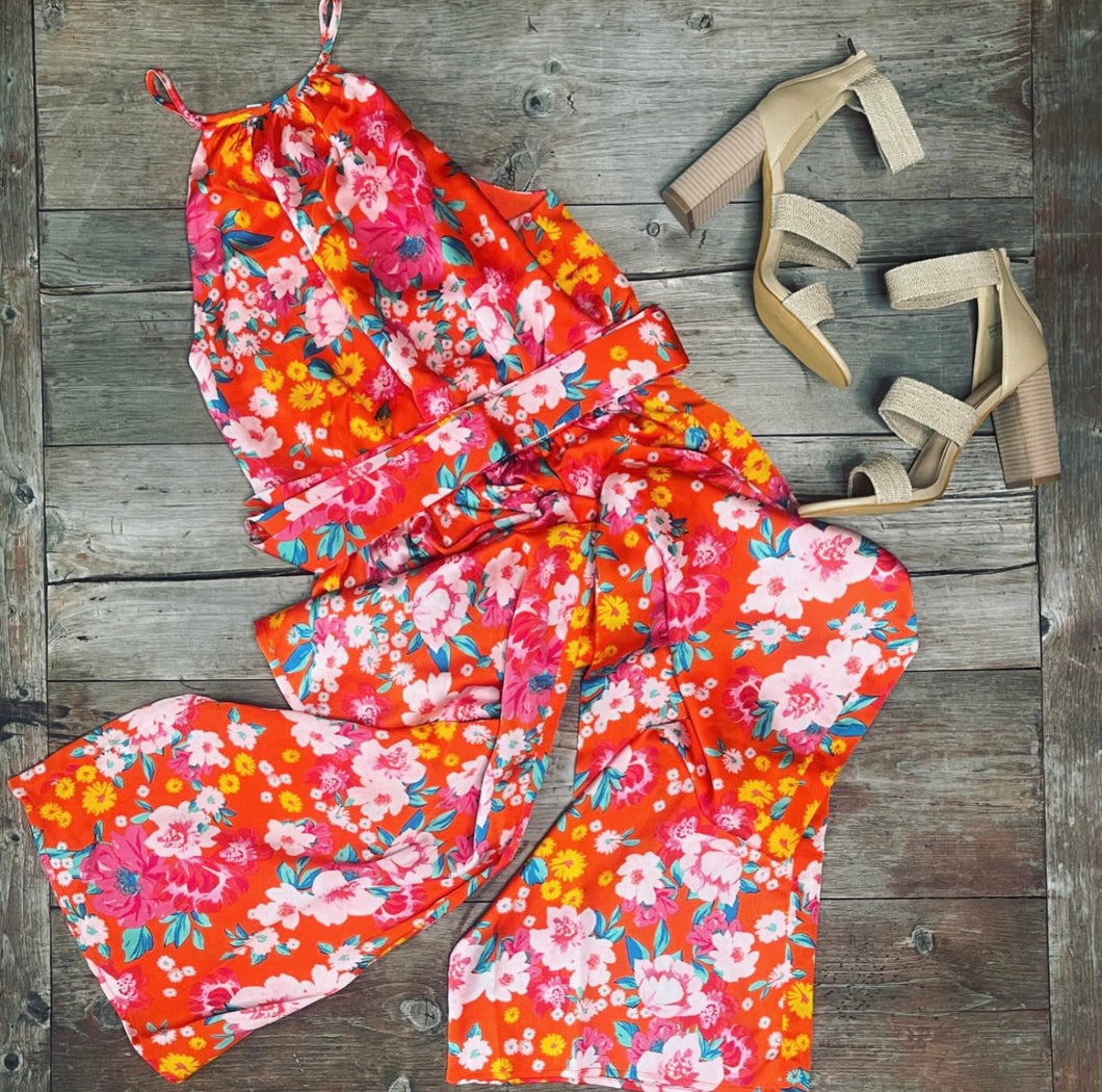 Retro Floral Satin Jumpsuit