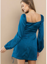 Load image into Gallery viewer, Teal Satin Wrap Mini Dress

