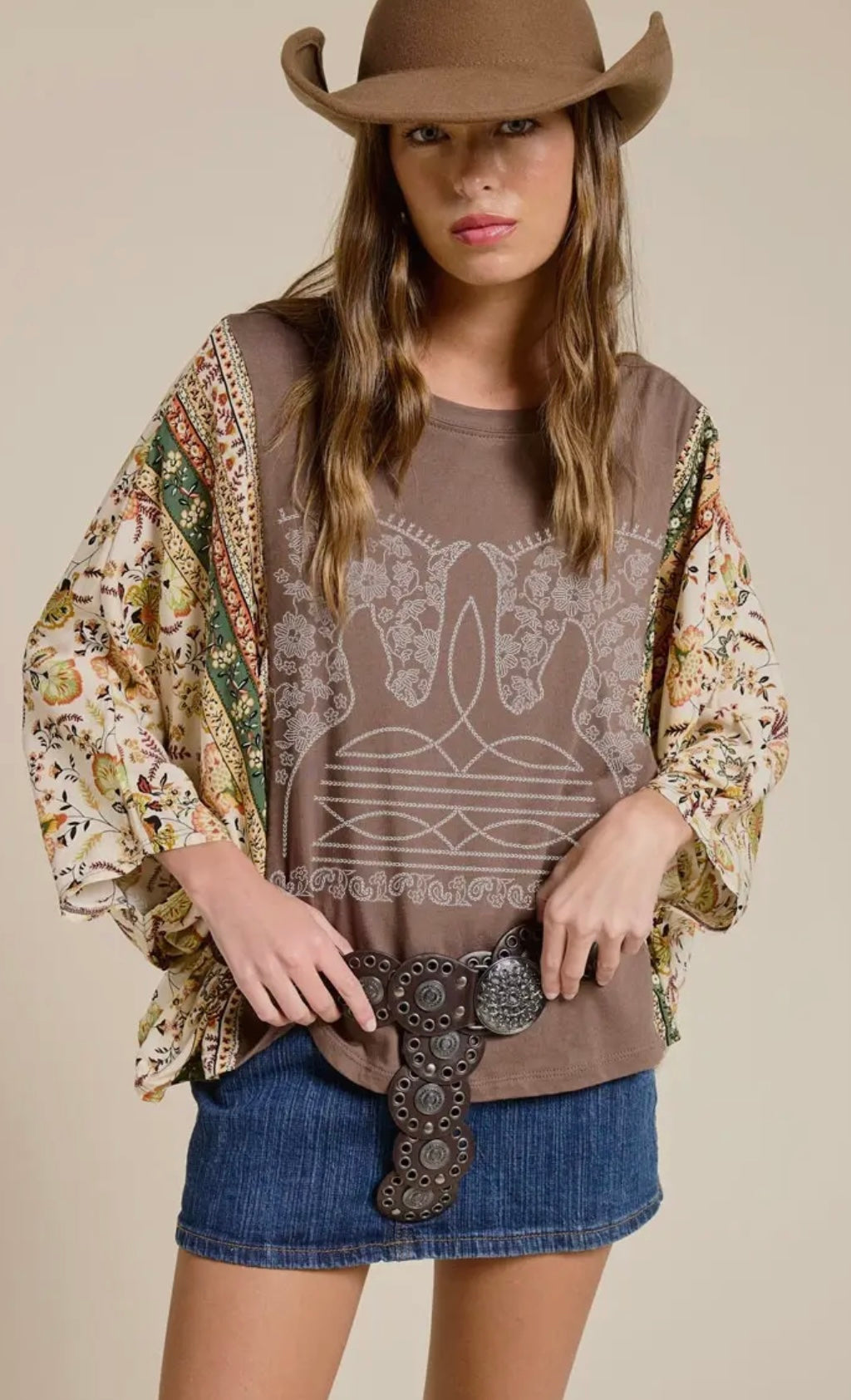 Preorder - Puff' Twin Horse Cowboy Stitch Graphic Rustic Kantha Top