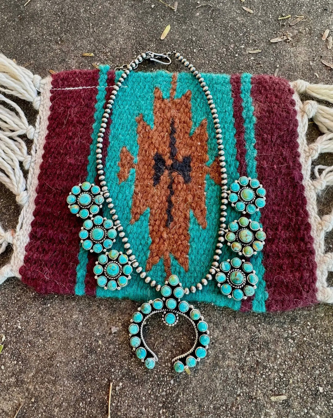 TURQUOISE BOMBSHELL HANDMADE STERLING SILVER & TURQUOISE SQUASH BLOSSOM NECKLACE SIGNED