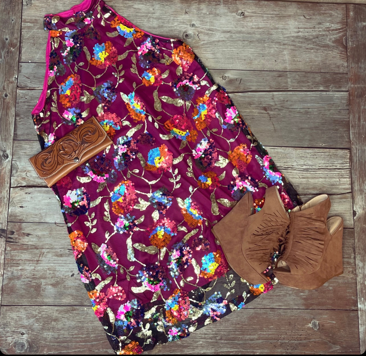 Sequin Floral Embroidered Halter Mini Dress Medium