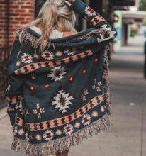 Load image into Gallery viewer, Aztec Printed Fringed Open Front Long Cardigan
