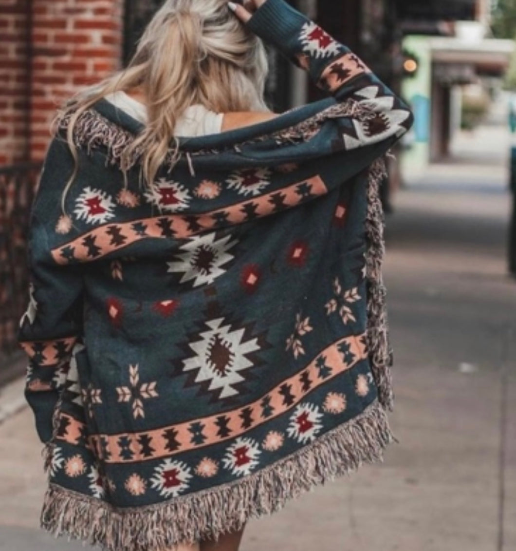 Aztec Printed Fringed Open Front Long Cardigan