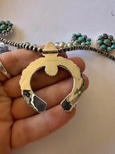 Load image into Gallery viewer, TURQUOISE BOMBSHELL HANDMADE STERLING SILVER &amp; TURQUOISE SQUASH BLOSSOM NECKLACE SIGNED
