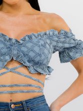 Load image into Gallery viewer, Off Shoulder Stretched Denim Crop Top
