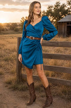 Load image into Gallery viewer, Teal Satin Wrap Mini Dress
