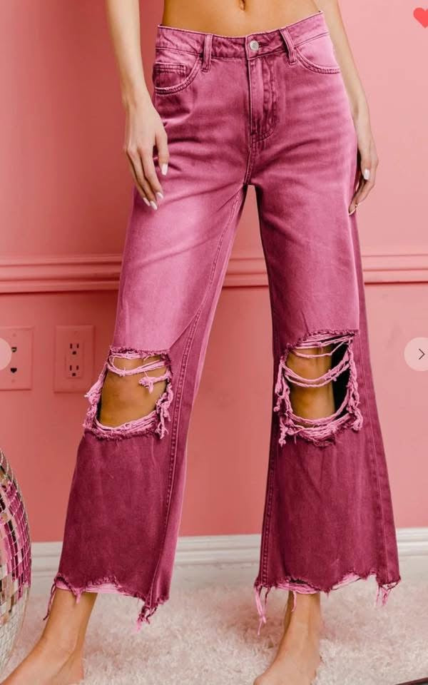 DISTRESSED AND WASHED WIDE LEG PANTS - BIBI
