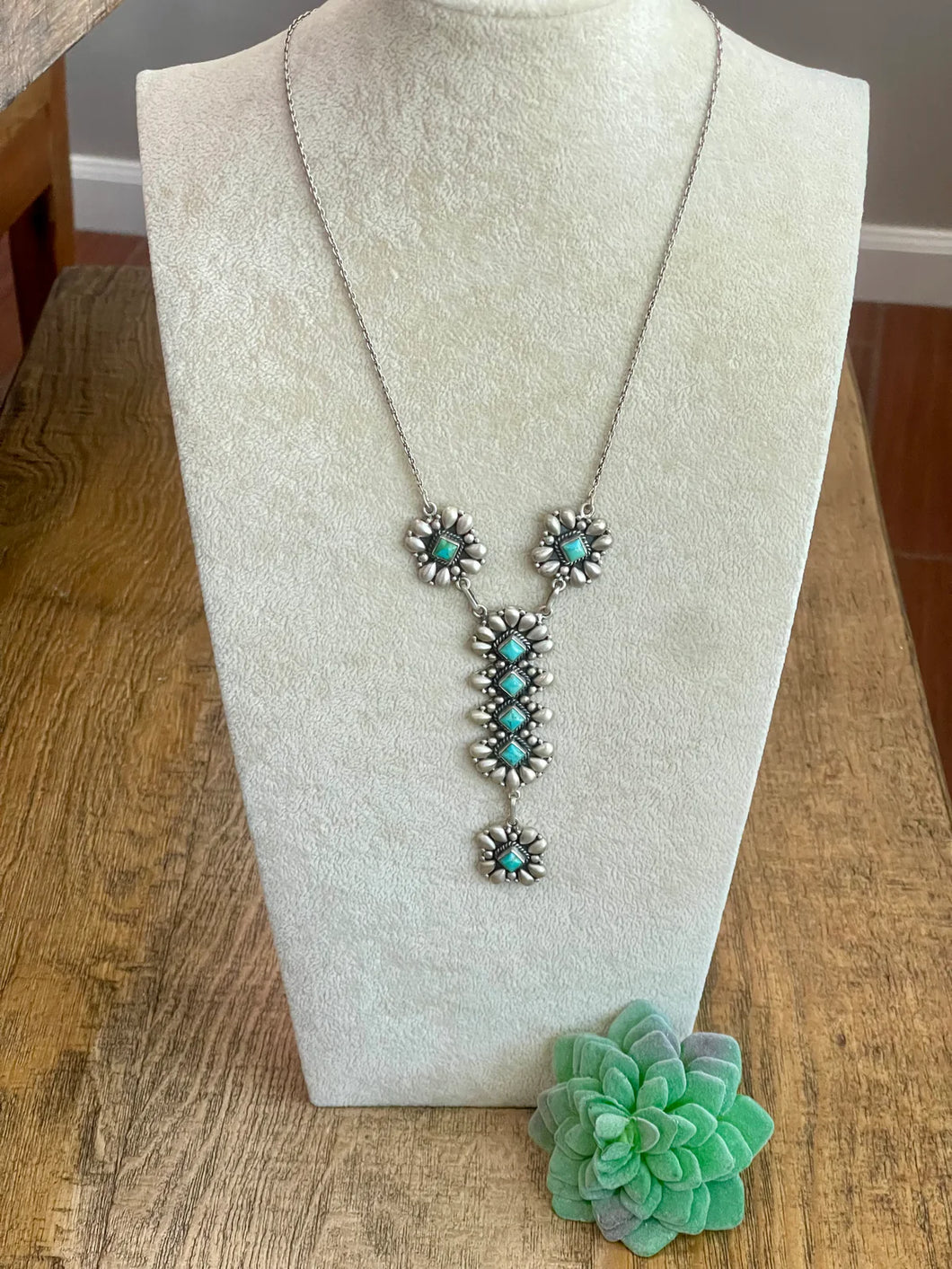 HANDMADE TURQUOISE & STERLING SILVER LARIAT NECKLACE SIGNED