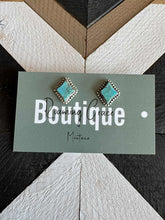 Load image into Gallery viewer, Handmade Sterling Silver Kingman Turquoise Diamond Post Studs with Signed
