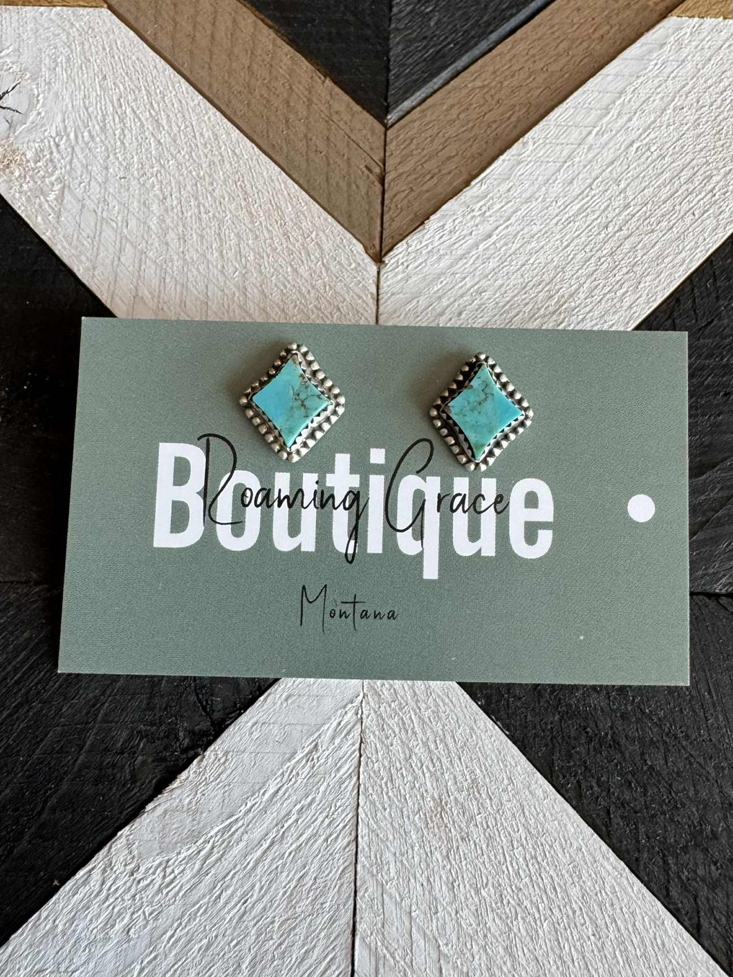 Handmade Sterling Silver Kingman Turquoise Diamond Post Studs with Signed