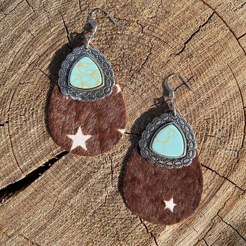 Cowhide Statement Earrings With Turquoise