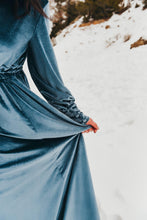 Load image into Gallery viewer, Blue Pop Of Color Velvet Gown Rental
