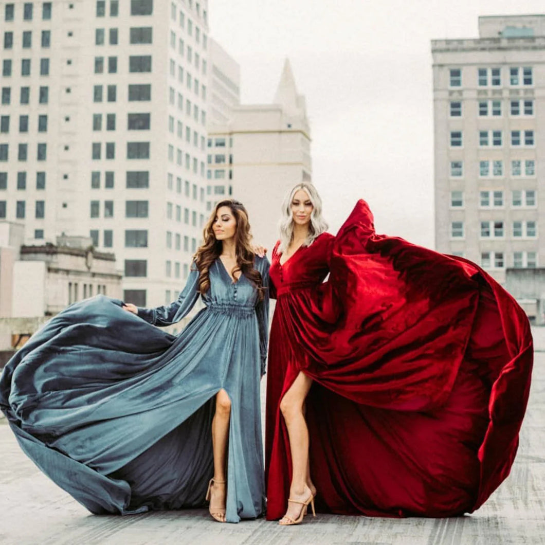 Blue Pop Of Color Velvet Gown Rental