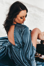 Load image into Gallery viewer, Blue Pop Of Color Velvet Gown Rental
