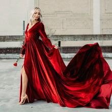 Load image into Gallery viewer, Red Pop Of Color Velvet Gown Rental
